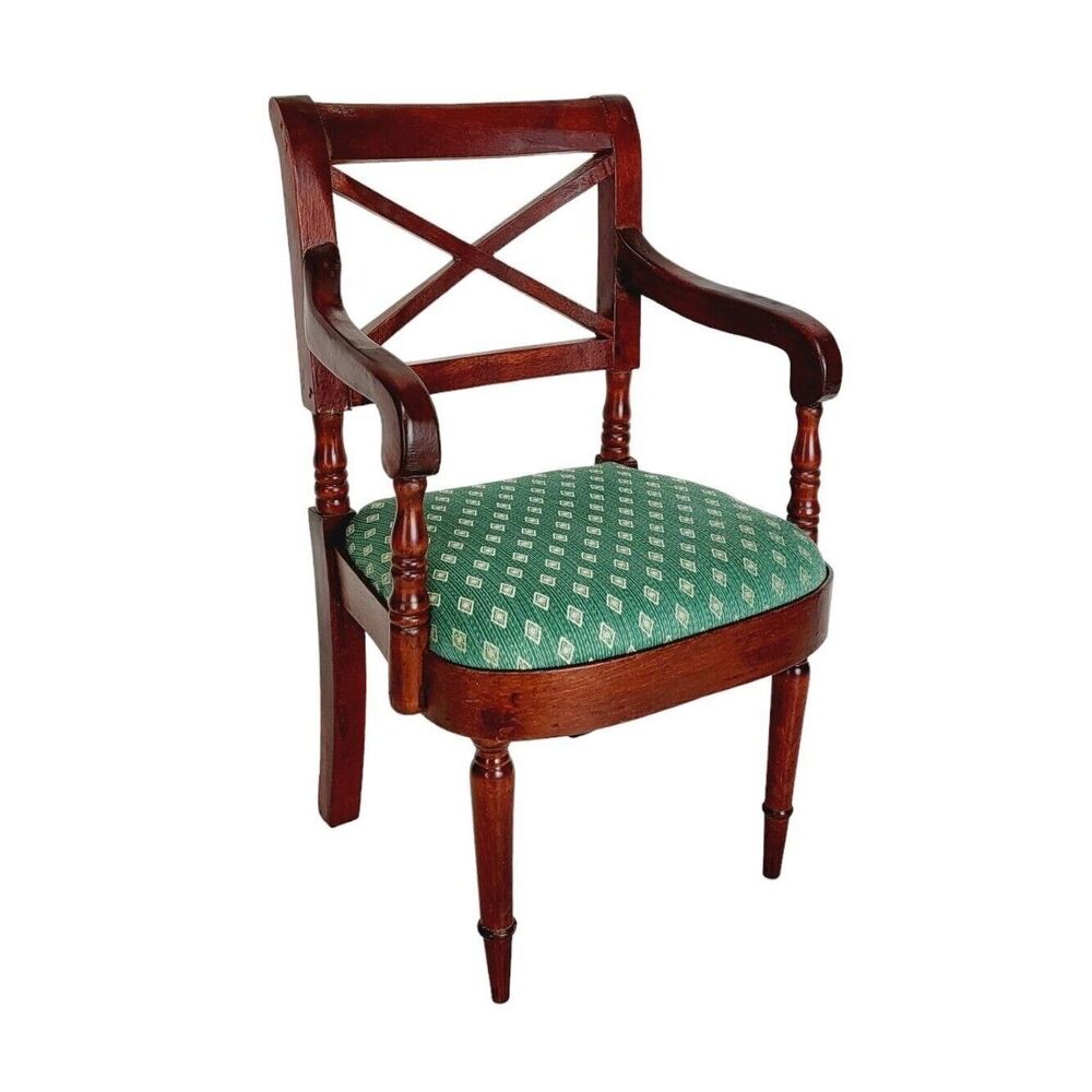 Vintage Cherrywood Doll Chair Green Padded Seat Dollhouse Armchair Antique